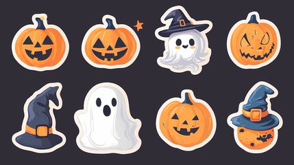 A vibrant collection of Halloween stickers featuring pumpkins, ghosts, and hats, perfect for festive applications and decor.