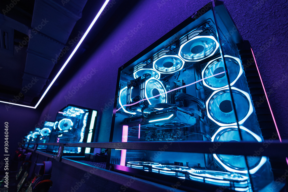 Poster gaming computer with light. components of a liquid-cooled computer with a modern graphics card.