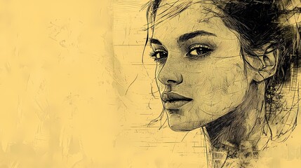 Artistic illustration of a woman's face featuring detailed line work against a yellow background, conveying elegance and emotion.