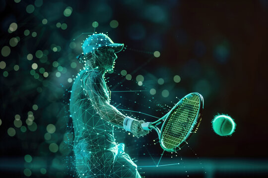 Digital tennis player hitting a ball with a futuristic cyber-visual effect background. Concepts of sports, technology, and virtual reality.