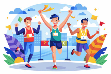 A runner crossing the finish line with her arms raised