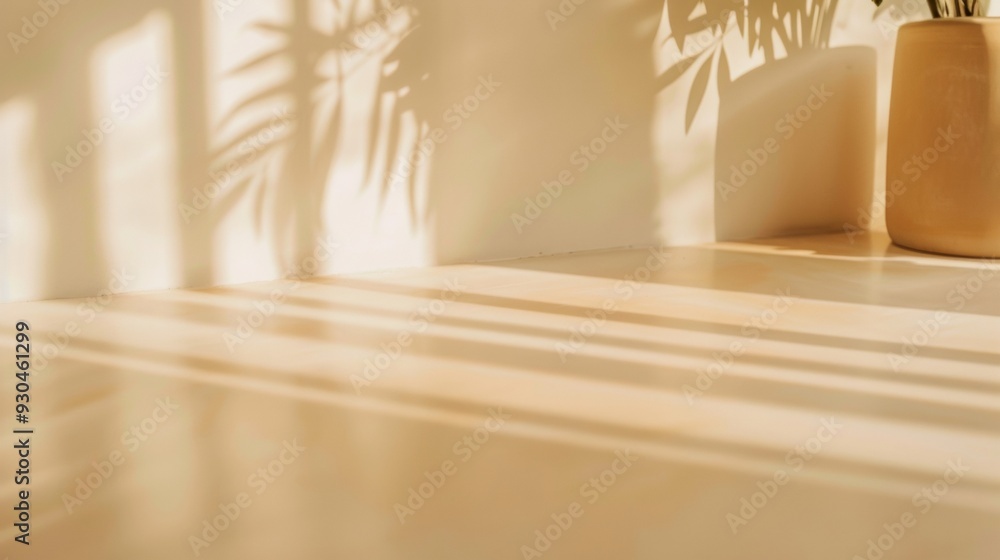 Aufkleber serene soft beige graph on smooth flat table surface with morning light beams - sunny calm warmth am