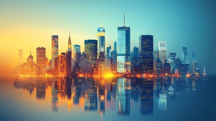 Fototapeta premium Stunning skyline at sunset reflecting on water, showcasing modern architecture and vibrant city lights for a captivating urban view.