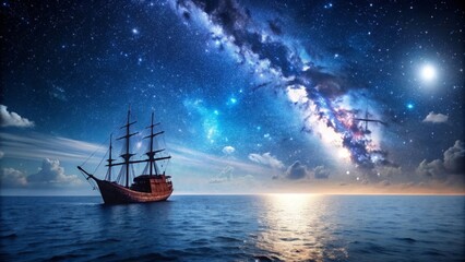Fototapeta premium A ship sailing through the dark sea under a starry night sky