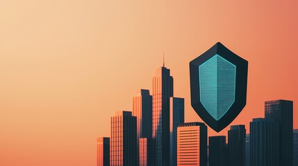 Urban skyline with a digital shield, representing security and protection in a modern environment during sunset.