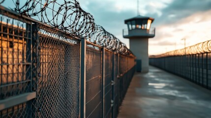 A high-security prison with barbed wire fences and a watchtower seen at sunset.