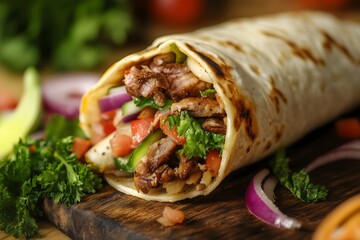 A delicious and freshly made shawarma served on a wooden cutting board