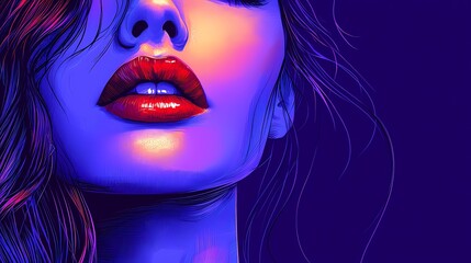 Fototapeta premium Vivid portrait of a woman with glossy lips and colorful light highlighting her features, showcasing modern digital art.