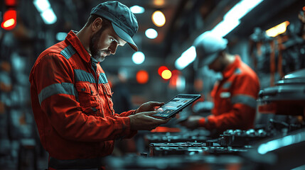 Obraz premium Mechanic uses tablet to check engine parts in garage