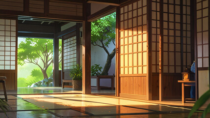 Naklejka premium Serene Traditional Japanese Interior, nature background wallpaper, anime illustration drawing,