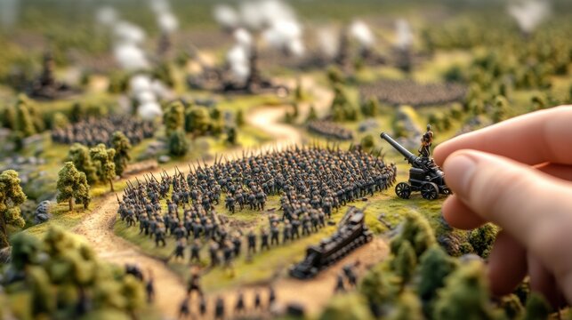 A miniature army is being attacked by a hand, AI