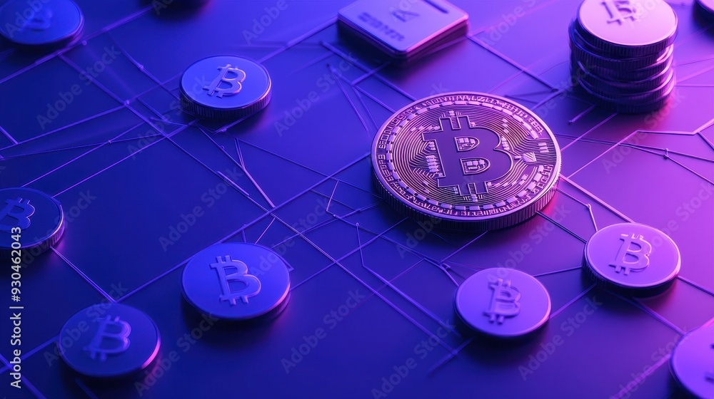 Wall mural Close-up of digital currency on a vibrant background showcasing modern cryptocurrency concepts and technology.