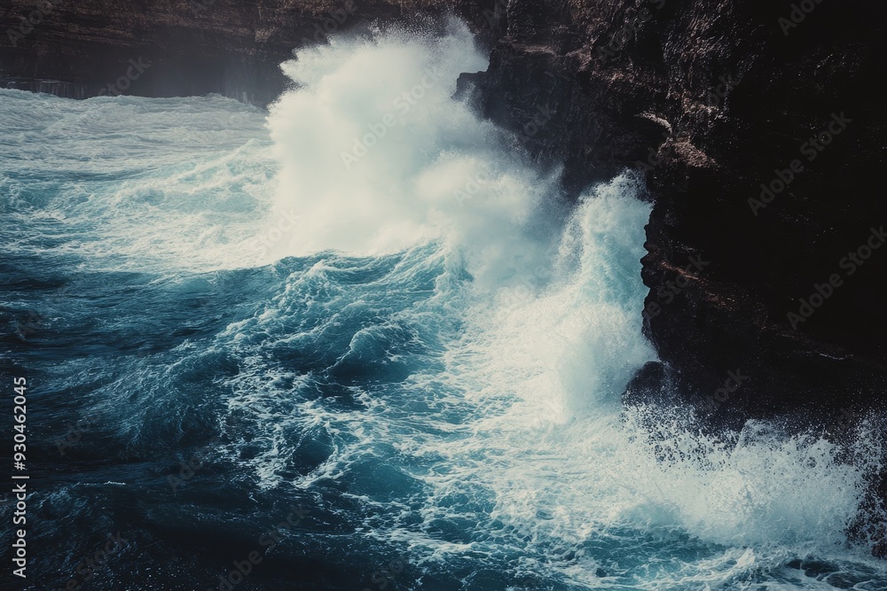 Poster Dramatic Ocean Waves Crashing Against Rocky Coastline - A powerful wave crashes against a rugged coastline, symbolizing the raw power of nature, the relentless force of the ocean, the beauty of chaos,