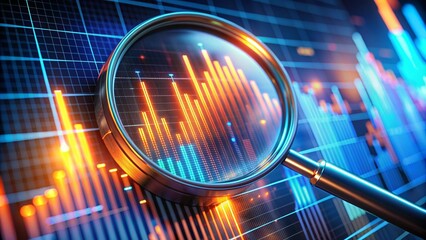 Magnifying glass zooms in on digital financial charts, glowing data points, high-tech, photorealistic