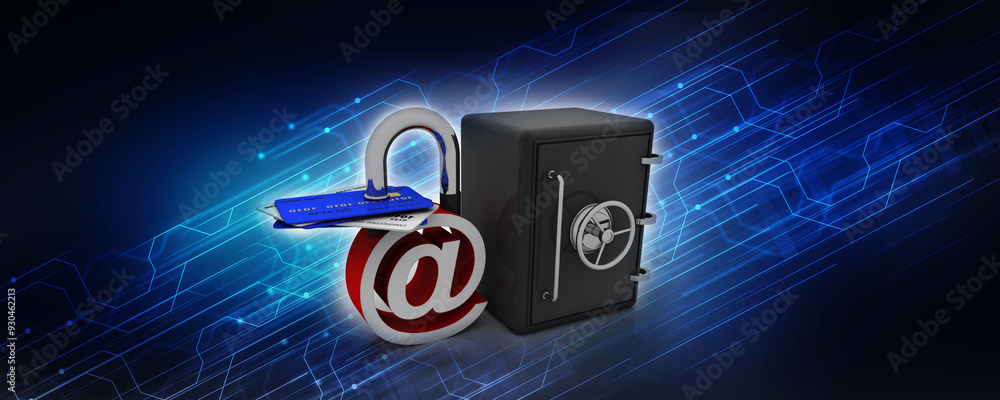 Poster 3d rendering e-mail lock with debit card near locker . internet security concept