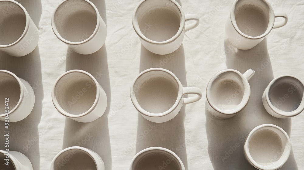 Poster Aerial View of Symmetrical Pattern of White Coffee Cups, Emphasizing Geometric Designs and Textured Backgrounds in Bright, Diffused Light