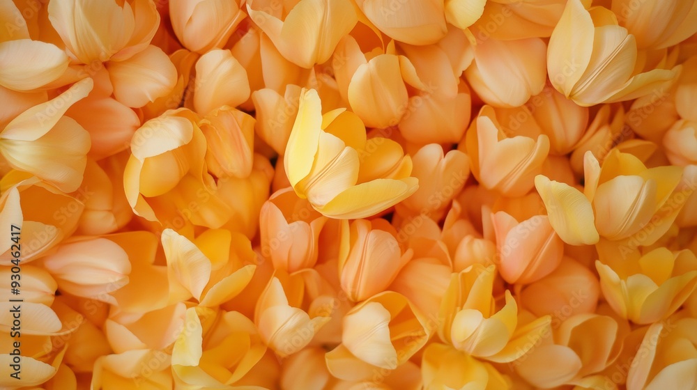 Poster aerial symmetrical pattern of bright orange tulips captured in soft daytime lighting