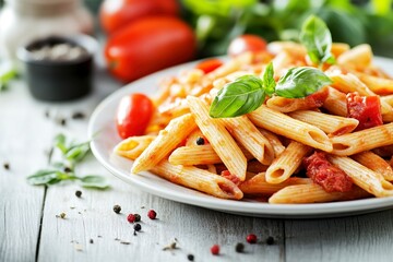 Classic italian pasta penne arrabbiata with vegetables on white wooden table. Penne pasta with sauce arrabbiata. Generative Ai