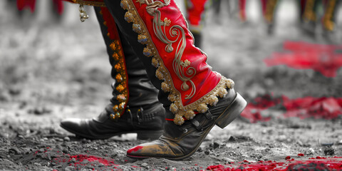 Close-up of traditional matador attire with intricate details and dusty boots during a bullfighting event. Concepts of cultural heritage, traditional clothing, and historical rituals.