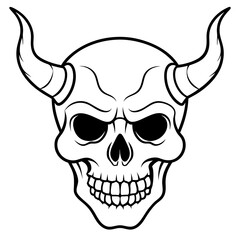 Vintage demon skull with horns line art vector illustration
