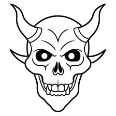 Vintage demon skull with horns line art vector illustration