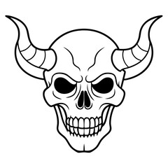 Vintage demon skull with horns line art vector illustration