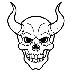 Vintage demon skull with horns line art vector illustration