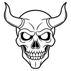 Vintage demon skull with horns line art vector illustration