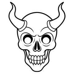 Vintage demon skull with horns line art vector illustration