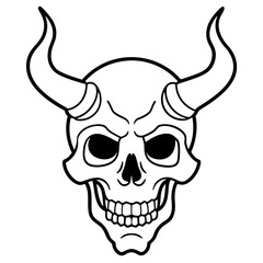 Vintage demon skull with horns line art vector illustration