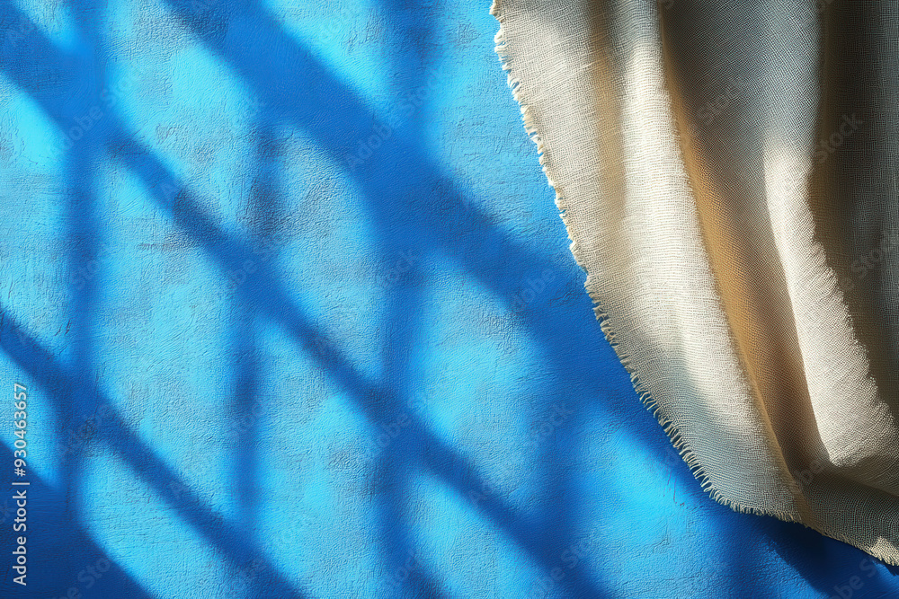 Poster azure hues and shadow play: sunlight streams through a window, casting a geometric pattern of light 
