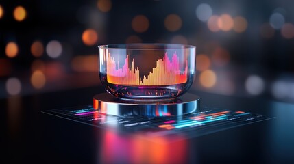 Futuristic glass displaying vibrant financial data on a sleek platform, showcasing innovation in analytics and digital visualization.