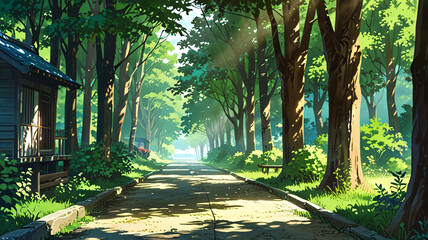 Idyllic Countryside Road, nature background wallpaper, anime illustration drawing,