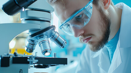 a scientist in a laboratory, intently examining a test tube with a microscope