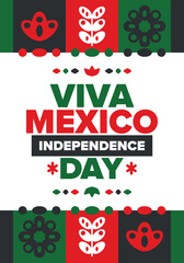 Viva Mexico. Mexican Independence Day. Happy holiday. Celebrate annual in September 16. Freedom day. Patriotic mexican design. Poster, card, banner, template, background. Vector illustration