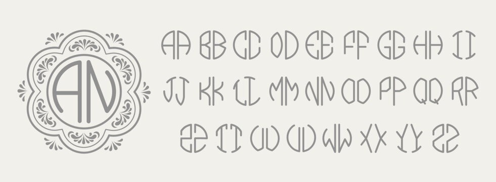 Round two letters monogram kit. Elegant initials letter pairs in circle shape, retro stamp with half circle alphabet letters. Custom font for personal emblem vector template.