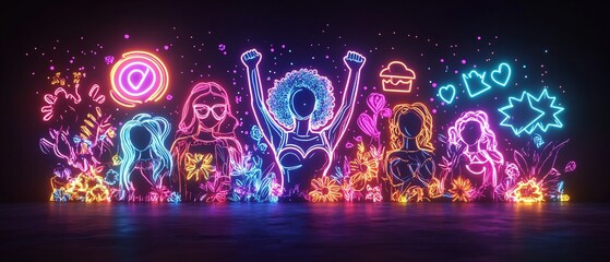 Obraz premium Empowering Feminism Vibrant Neon Illustration Celebrating Women's Rights with Strong Female Figures and Equality Symbols