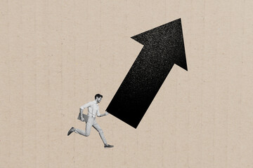Composite photo collage of happy businessman run promotion arrow pointer success development carry...