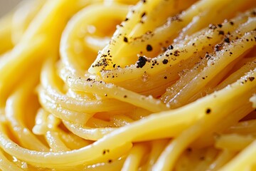 Closeup of delicious spaghetti alla gricia, a traditiona recipe of pasta with guanciale, pecorino and black pepper of roman cuisine, italian pasta, european food. Generative ai