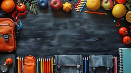 A seamless pattern of colorful sticky notes, planners, and pencil cases, arranged in a balanced and organized layout, with bright colors popping against a dark chalkboard background, hd quality,