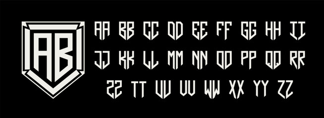Shield two letters monogram kit. Initials letter pair, geometric alphabet font for custom shield emblem design. Security branding vector template.