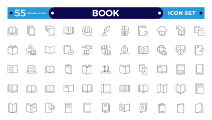 book icon set education study reading learning language skill Outline icon. Book line icons set. Open brochure, magazine, literature, dictionary, audiobook, learning. Editable stroke outline icon. 