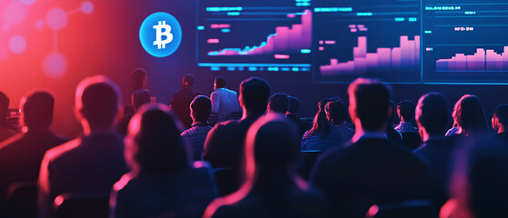 A group of people attending a seminar on cryptocurrency investment. people attending