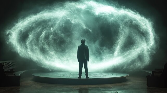 Silhouette of a man facing a glowing circular portal