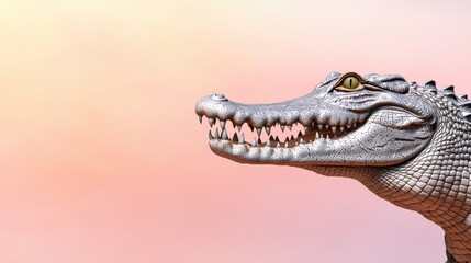 Fototapeta premium A 3D crocodile with its powerful jaws and a soft pastel background on the right, representing the ancient predators in zoos