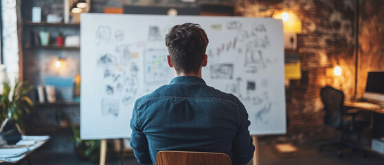 An entrepreneur brainstorming ideas on a whiteboard in a startup office. entrepreneur brainstorming