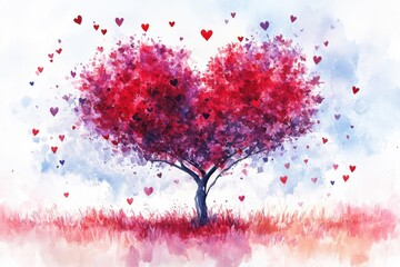 The tree of romance. Heart-formed flora. Symbol of love. Watercolor heart illustration. Valentine's day watercolor backdrop design