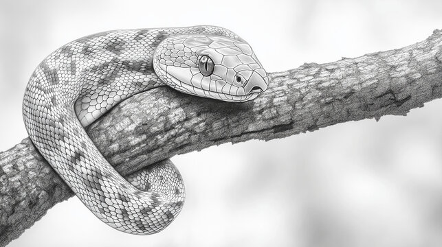 black and white close up of a rattlesnake on tree