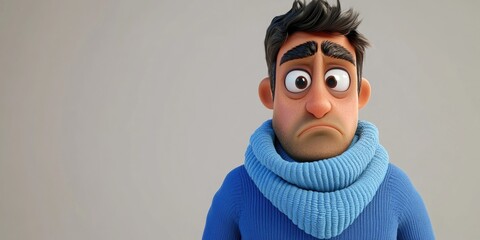 3D Cartoon Character Sick Guy in Blue Shirt and Scarf Showing Emotions