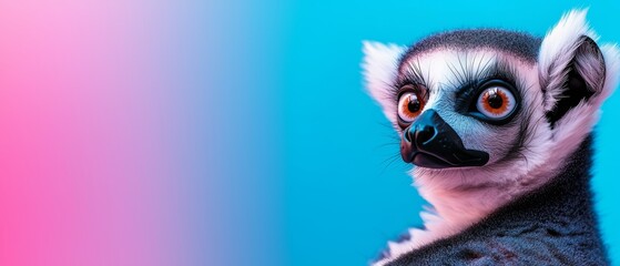 Fototapeta premium A 3D lemur with big eyes and a soft pastel background on the right, representing the curious and playful nature of these zoo animals